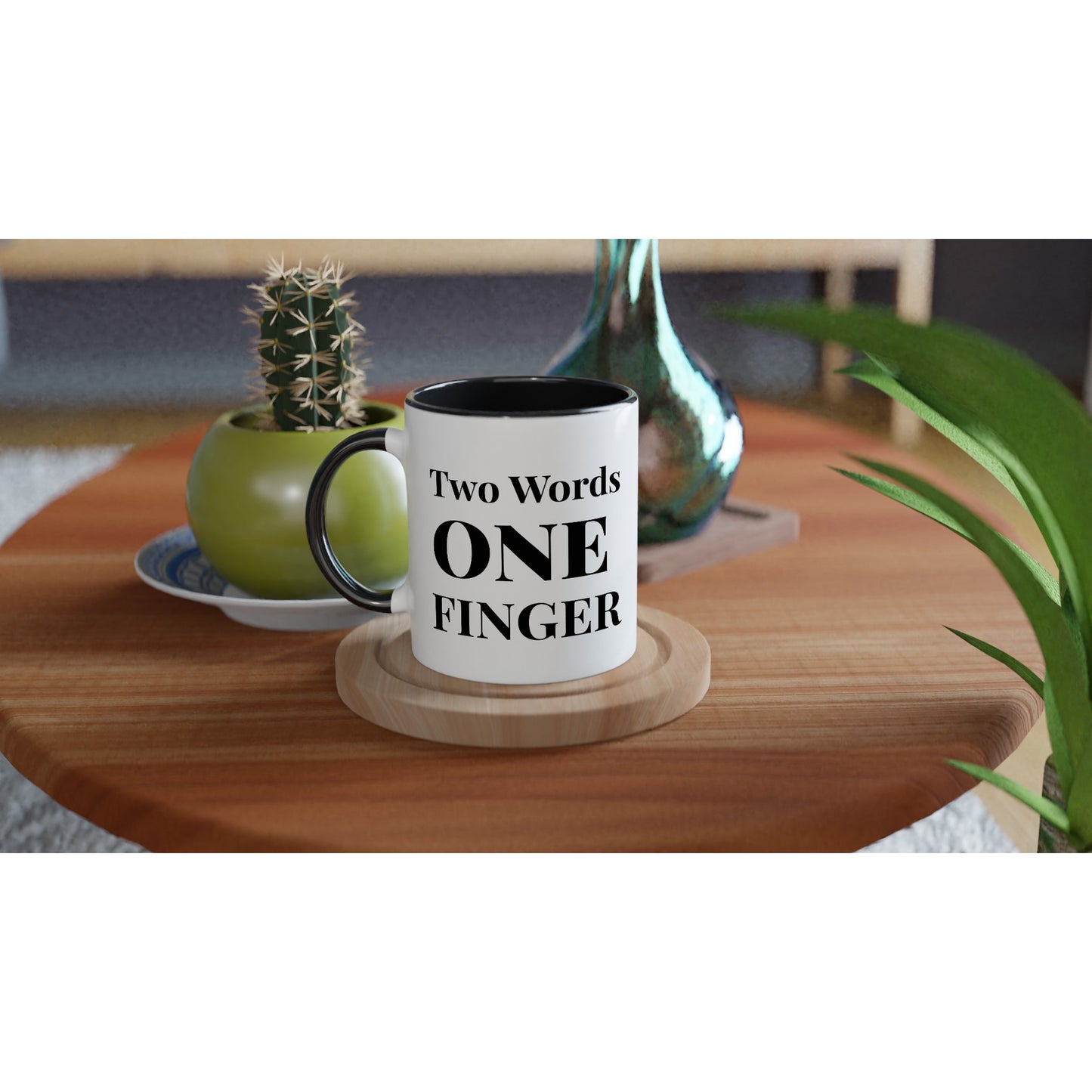 White 11oz Ceramic Mug with Color Inside--Two Words One Finger