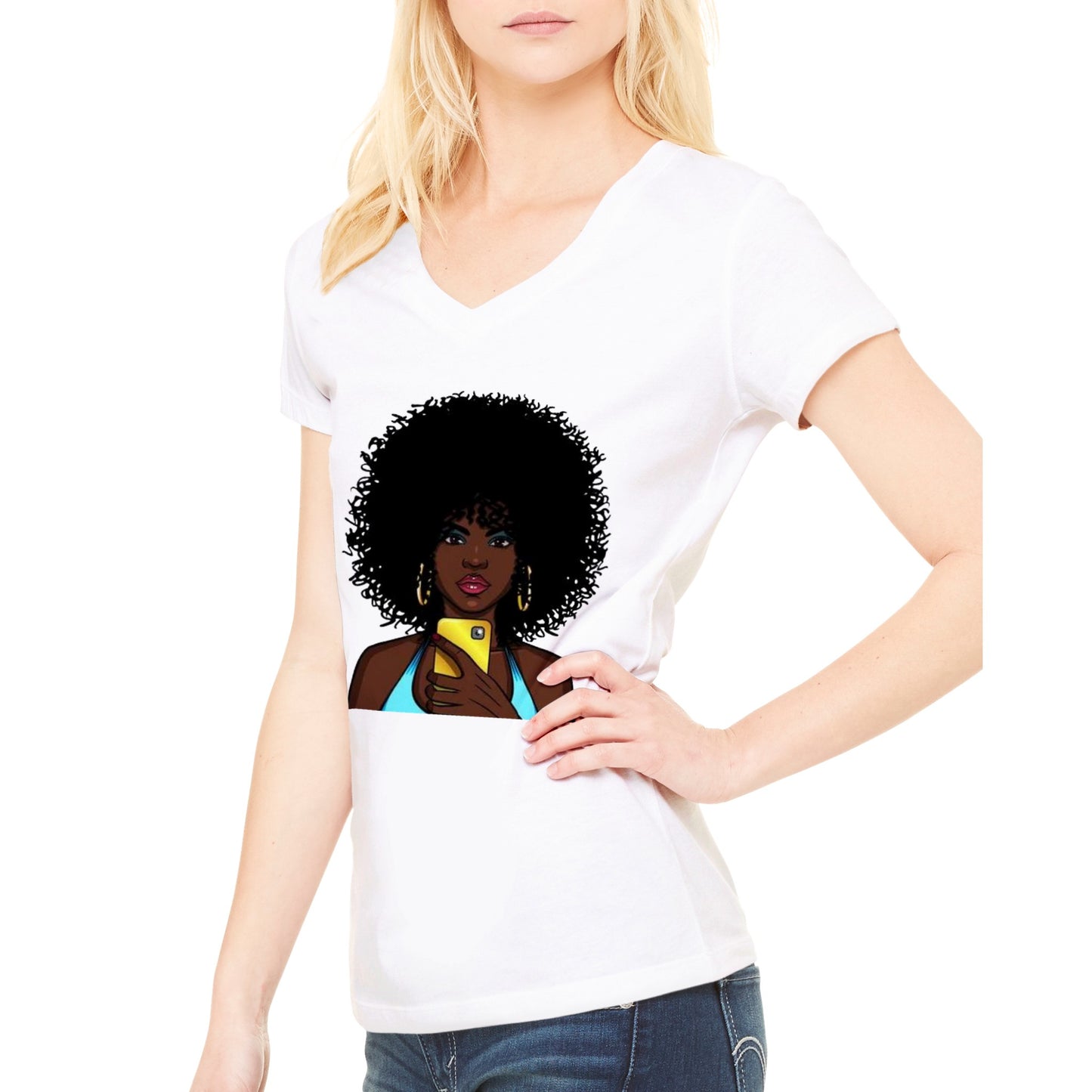 Afro Lady Taking Selfie.  Premium Womens V-Neck T-shirt